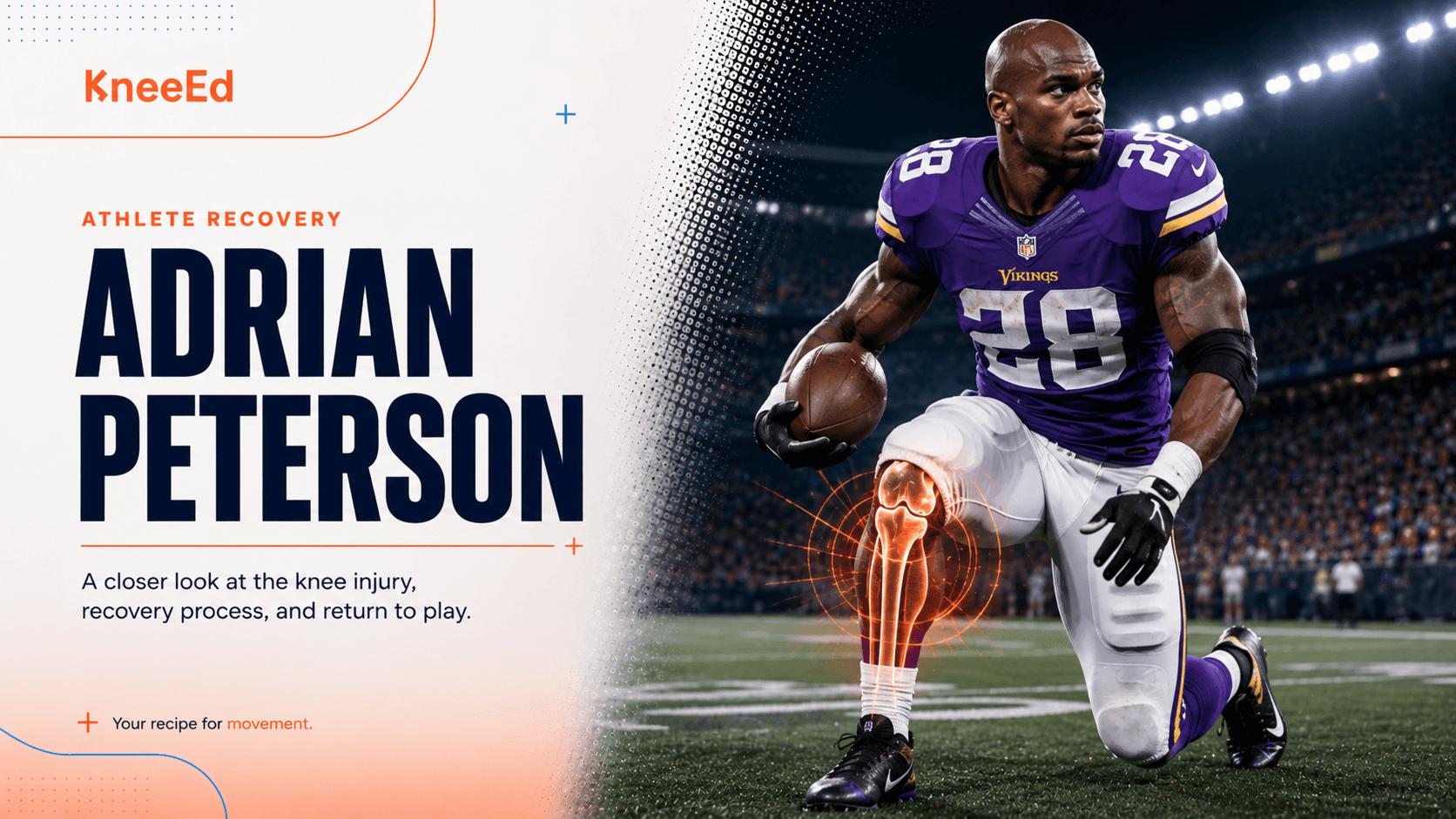 Editorial illustration of Adrian Peterson kneeling on the field in his Minnesota Vikings number 28 jersey, with KneeEd brand wordmark and a coral motion glow around his left knee.