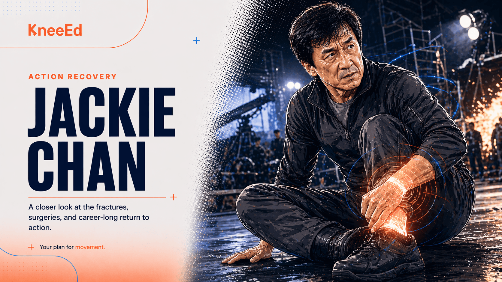Editorial illustration of Jackie Chan on a film set with the KneeEd wordmark and a coral motion glow at the side of his head, marking the permanent skull repair from the 1986 Armour of God injury.
