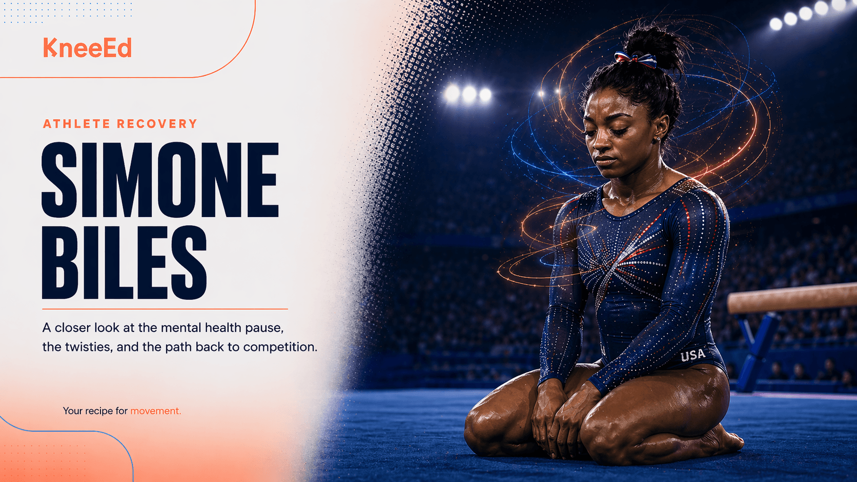Editorial illustration of Simone Biles mid-air in her competition leotard with the KneeEd wordmark and a coral and blue motion glow tracing her rotation.