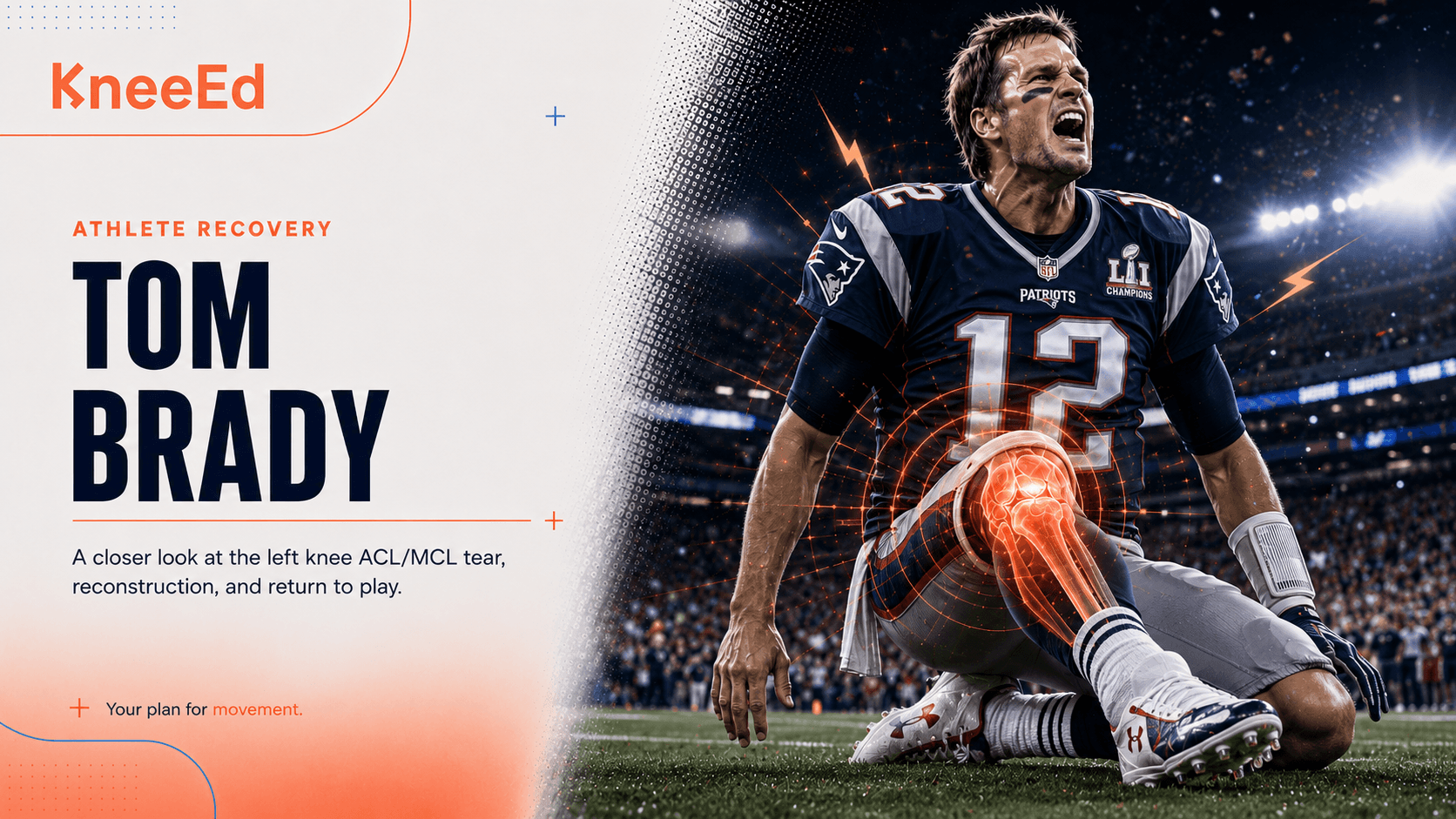 Editorial illustration of Tom Brady in a passing stance with the KneeEd wordmark and a coral motion glow around his left knee.