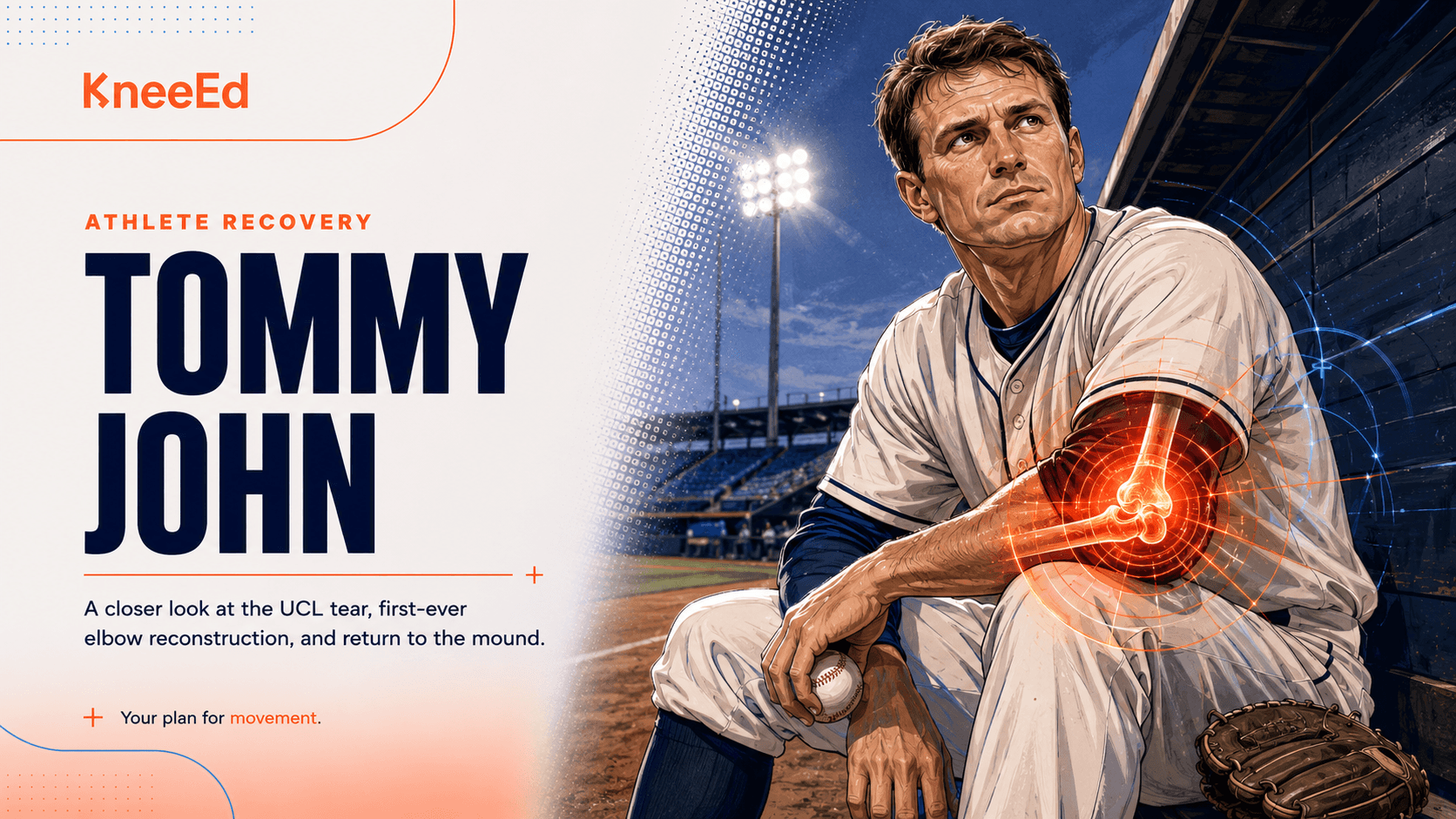 Editorial illustration of Los Angeles Dodgers pitcher Tommy John in his throwing motion, with the KneeEd wordmark and a coral motion glow at his left elbow.