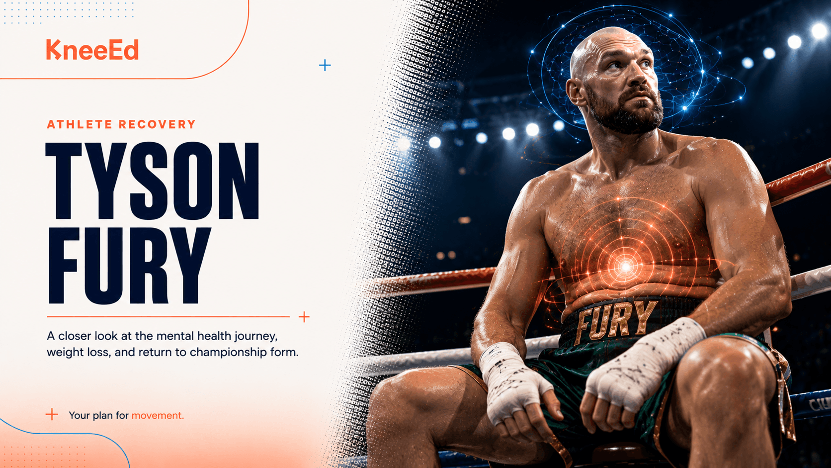 Editorial illustration of heavyweight boxer Tyson Fury with the KneeEd wordmark and a coral and blue motion glow tracing his frame.