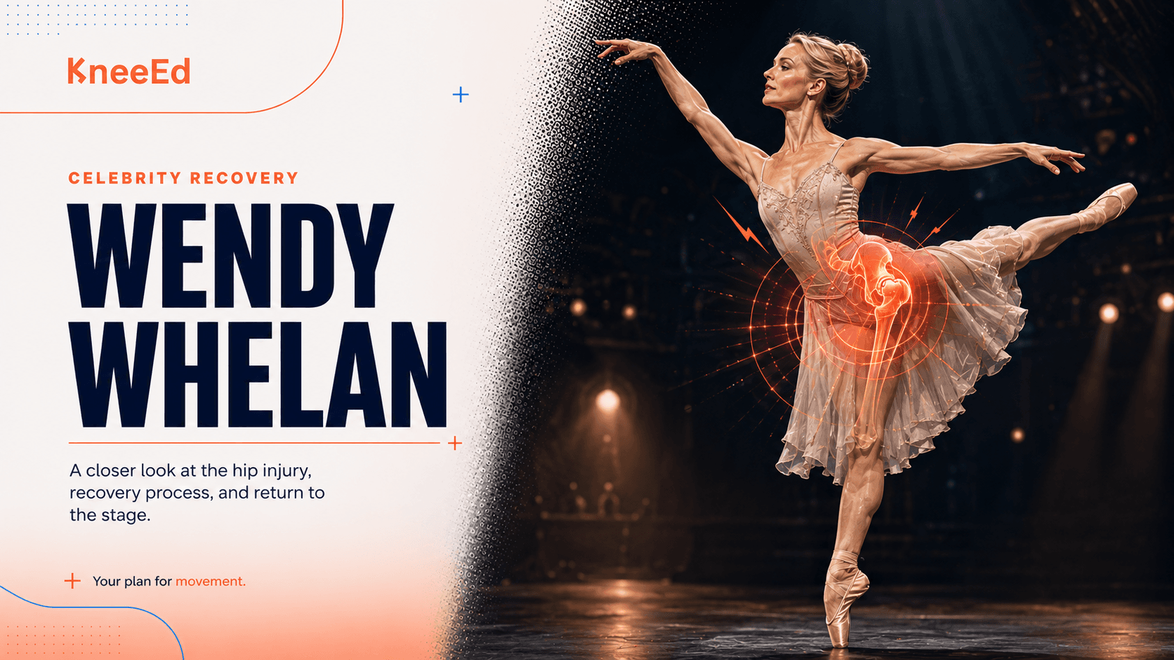 Editorial illustration of ballerina Wendy Whelan on pointe mid-arabesque, with KneeEd brand wordmark and a coral motion glow around her right hip.