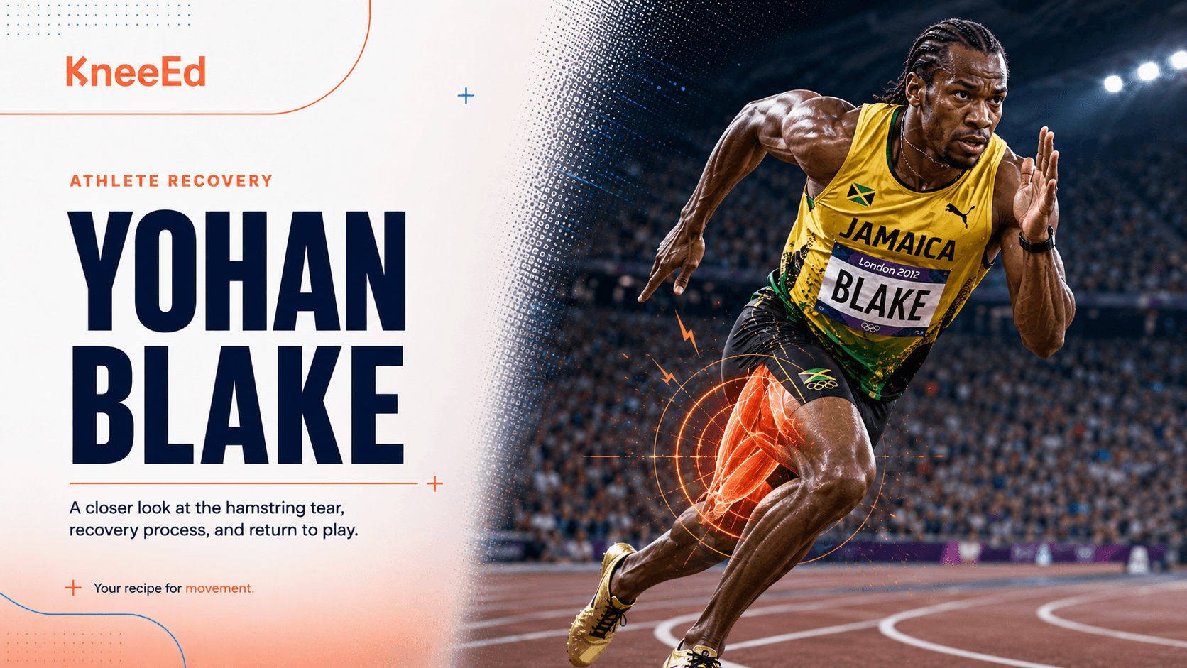 Editorial illustration of Yohan Blake in his Jamaica kit pulling up mid-sprint, hand reaching for the back of his thigh, with the KneeEd wordmark and a coral motion glow at the hamstring.