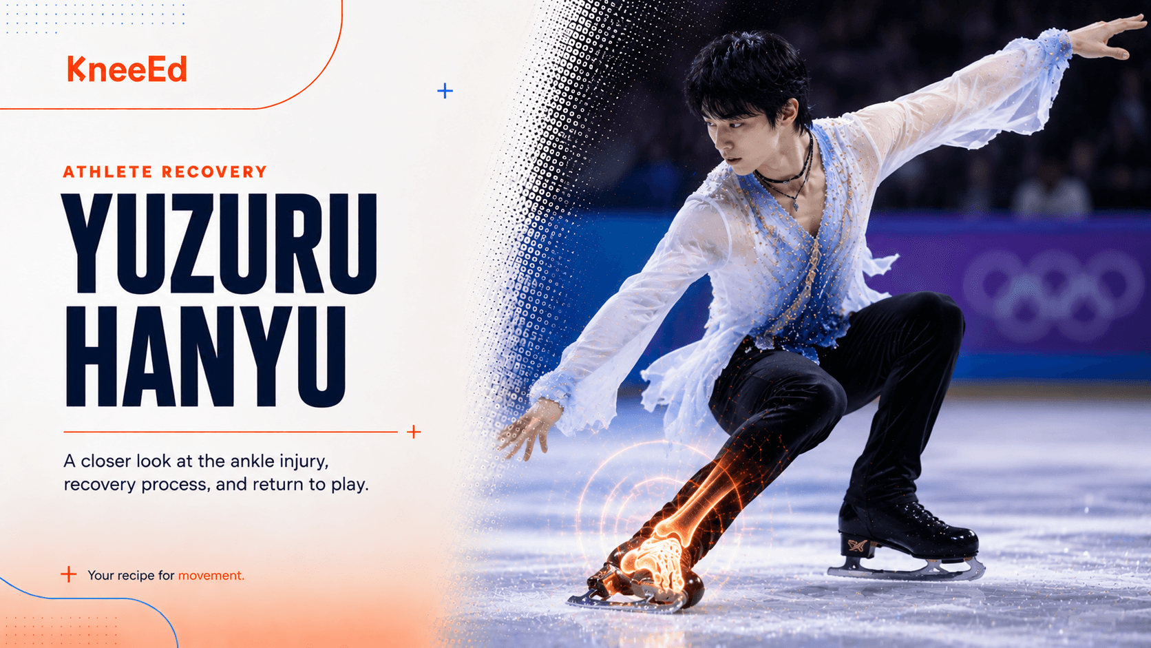 Editorial illustration of Yuzuru Hanyu mid-element on the ice in a pale blue costume, with the KneeEd wordmark and a coral motion glow around his right ankle and foot.