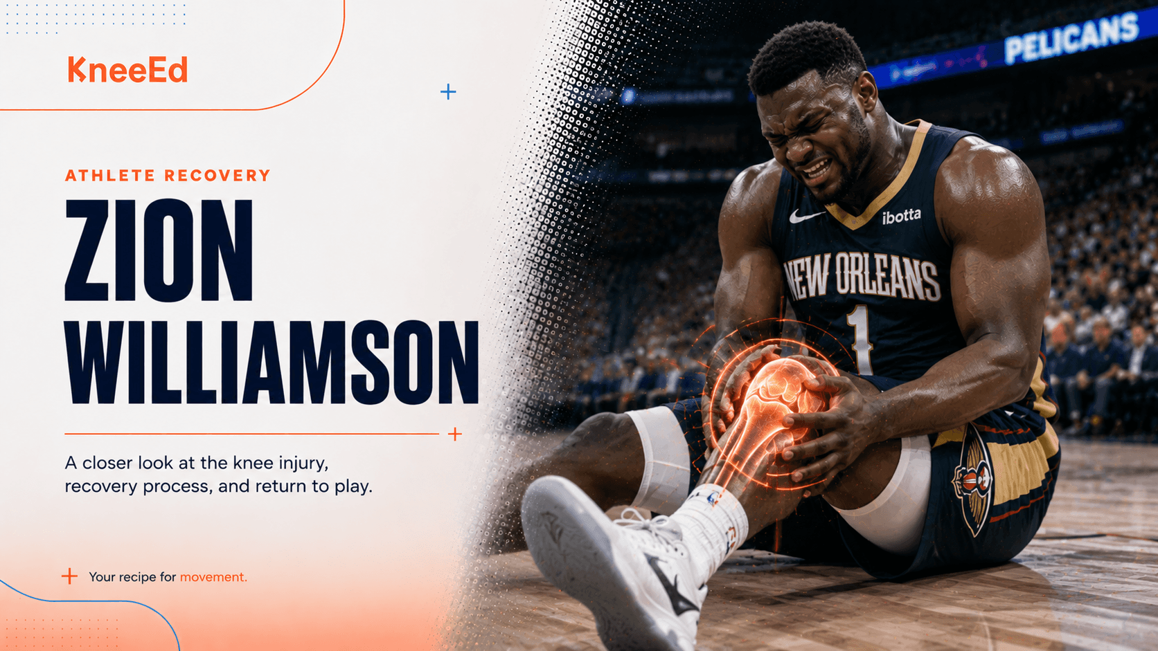 Editorial illustration of Zion Williamson seated on the court in his New Orleans Pelicans jersey, gripping his right knee, with KneeEd brand wordmark and a coral motion glow around the joint.